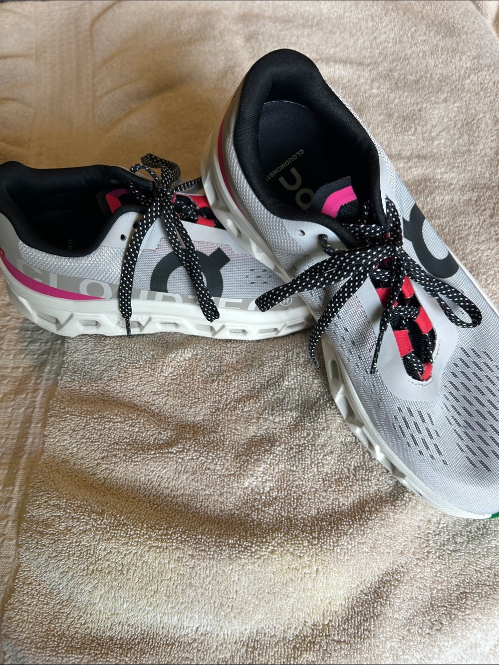 On Cloud Running Women’s CloudMonster Sneakers - Light Gray with Pink Accents - Picture 2 of 8